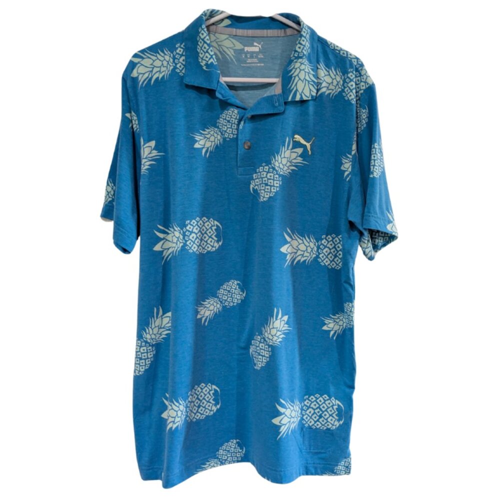 Puma Men's Golf Polo Shirt, Medium, Blue with Pineapple Graphic, Short Sleeve